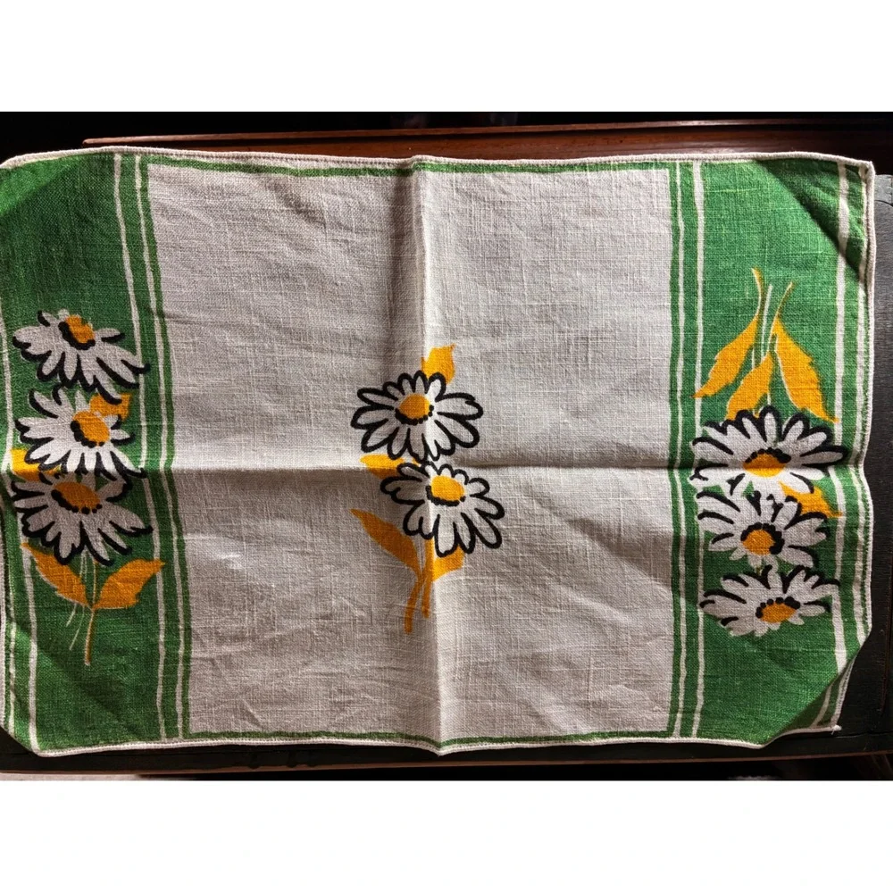Unbranded Tea Towel Unisex OS Green Excellent Vintage Daisy Floral Print Linen